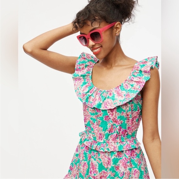 J. Crew ** Pink Green Swiss Dot Printed Ruffle Collar Midi Dress with Tie Back - Picture 14 of 14